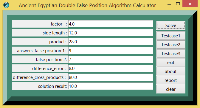Ancient Egyptian Double False Position Algorithm, and example eTCL demo calculator screenshot