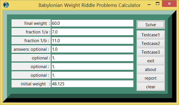 Babylonian Weight Riddle Problems and eTCL demo example calculator screenshot