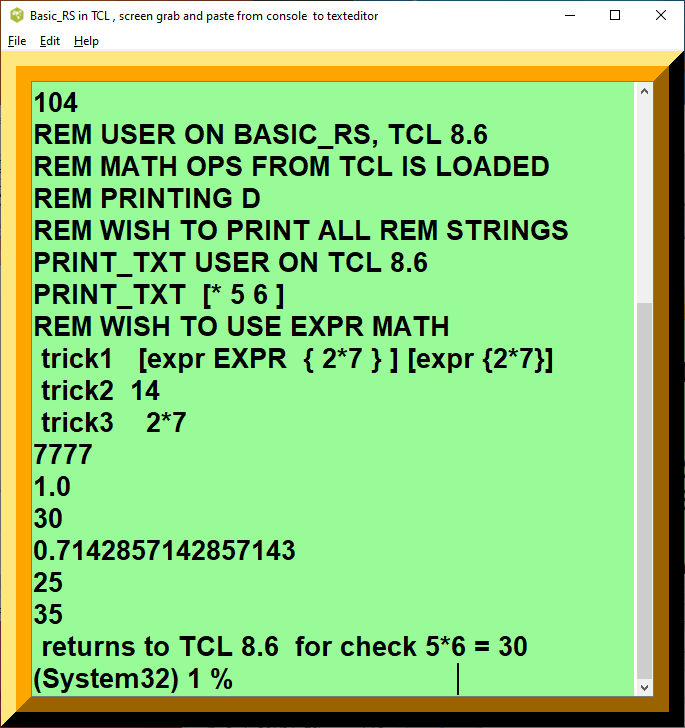 Basic_RS V2 in TCL as partial Basic language interpreter screenshot
